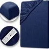 A collage of images showing a navy blue fitted sheet, with close-ups of the fabric texture and a label. Produktbild-Vorschau