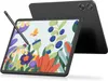 A black HUION Kamvas Slate 13 graphics tablet with a stylus is shown in a diagonal view, displaying a colorful illustration on its screen. Produktbild-Vorschau