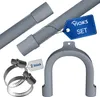 A set of washing machine drain hose accessories, including a hose, clamps, and a holder, laid out on a white background. Produktbild-Vorschau