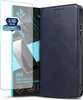 A product shot of a blue leather flip phone case and a screen protector. Produktbild-Vorschau