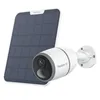 A white security camera and its solar panel are shown against a white background. Produktbild-Vorschau