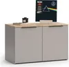 A modern two-door cabinet with a wooden top, displaying a vinyl record and decorative items. Produktbild-Vorschau