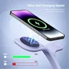 A smartphone is shown being wirelessly charged by a purple charging stand, with graphics illustrating charging speed and battery percentage. Podgląd zdjęcia produktu
