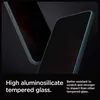 Two dark-colored smartphone screens with a thin blue outline are shown against a black background. Text describing the material and its properties is displayed below. Anteprima dell’immagine prodotto