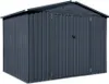 A dark grey metal garden shed with double doors and a pitched roof, shown from the front-left. Podgląd zdjęcia produktu