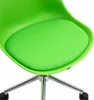 Close-up of a green chair seat and its chrome base with wheels. Voir les images du produit
