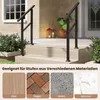 A black metal handrail is installed on outdoor steps, with different material samples shown below. Podgląd zdjęcia produktu
