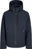 A studio shot of a dark blue hooded jacket.