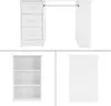 A collage of three images showing a white desk with drawers, a white bookshelf with three shelves, and a white rectangular panel. Produktbild-Vorschau