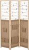 A three-panel room divider made of wood and burlap, with strings and clothespins at the top and pockets and hooks on the lower panels. Voir les images du produit