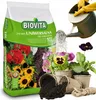 A collage showing a bag of BIOVITA universal soil for flowers, along with potted plants being watered. Podgląd zdjęcia produktu