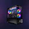 A gaming PC with RGB lighting is shown against a dark purple and black gradient background. Produktbild-Vorschau