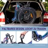 A collage of images showing a folding electric bicycle, its features, and being stored in a car. Produktbild-Vorschau