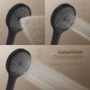 A collage of three images showing different water spray patterns from a black showerhead, with German text indicating luxurious showerheads and three types of water delivery. Produktbild-Vorschau