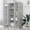 A tall, gray cabinet with glass doors is shown in a room. The cabinet is filled with dishes and decorative items. A plant is visible to the right of the cabinet. Anteprima dell’immagine prodotto