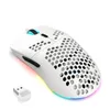 A white wireless gaming mouse with a honeycomb design and RGB lighting, shown on a white background with a USB receiver. Produktbild-Vorschau