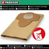 A product shot of vacuum cleaner dust bags with text overlays and a warning icon. Produktbild-Vorschau