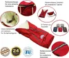 A red winter footmuff with various features highlighted by text and inset images. Produktbild-Vorschau