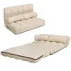 A beige sofa bed is shown in two configurations: folded as a sofa and unfolded as a bed. Podgląd zdjęcia produktu