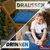 A split image showing a blue cushion on a chair outdoors on the left, and a child sitting on a blue cushion indoors on the right. Produktbild-Vorschau