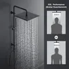 A shower system with a large overhead showerhead is shown in use, with water spraying down. To the right, there are diagrams comparing the coverage of a 30x30cm showerhead to a 20x20cm showerhead. Podgląd zdjęcia produktu