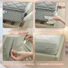 A four-panel collage showing the steps to install a fitted sheet holder. Produktbild-Vorschau