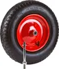 A close-up of a wheel with a red rim and black tire, with a bolt and nuts in the foreground. Produktbild-Vorschau