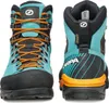 Trekking Schuhe für Damen; Modell "Mescalito TRK GTX" von Scarpa in Türkis und Schwarz mit orangefarbenen Schnürsenkeln. Produktbild-Vorschau