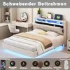 A bedroom scene featuring a bed with a headboard and under-bed lighting, along with a vanity and chair. Podgląd zdjęcia produktu