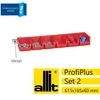 A set of red storage bins mounted on a rail, filled with various small items, with branding and product information below. Produktbild-Vorschau