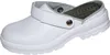 A white clog shoe with a strap is shown against a white background. Produktbild-Vorschau