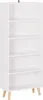 A tall, narrow, white bookshelf with five shelves, standing on light brown wooden legs. Náhľad obrázku produktu