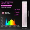 A marketing image for a full spectrum grow light, showing its design, light spectrum graph, and dimensions. Produktbild-Vorschau