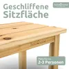 A close-up of a wooden bench with text overlays highlighting its features. Produktbild-Vorschau