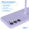A close-up of a purple phone case with liquid being poured onto it, illustrating its soft and robust nature. Text overlays describe its features. Produktbild-Vorschau