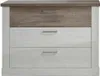 A front view of a three-drawer chest of drawers with a wood-grain top drawer and white lower drawers. Produktbild-Vorschau