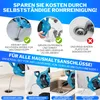 Collage of images showing a pipe cleaning tool being used in various household drains, with accompanying German text explaining its features and benefits. Produktbild-Vorschau