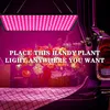 A pink LED grow light is shown hanging above a basket of flowers, with text overlay. Náhled obrázku produktu