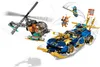 A LEGO set featuring a blue and gold race car and a gray and orange helicopter in action, with three LEGO minifigures. The scene depicts a dynamic chase or battle. Náhľad obrázku produktu