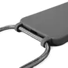 A close-up view of a gray phone case with a silver braided lanyard attached. Produktbild-Vorschau
