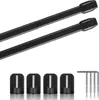 A product shot of two black curtain rods and four adhesive hooks, along with a set of screws. Produktbild-Vorschau