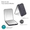 A close-up marketing image of a black compact mirror with LED lights, showing its features and how it works. Produktbild-Vorschau