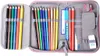 An open pencil case filled with colored pencils and other stationery items. Voir les images du produit