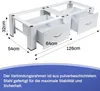 A white metal frame for a washing machine or dryer stand with two drawers, showing dimensions. Produktbild-Vorschau