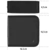 A black wallet is shown with dimensions indicated by lines and text. Produktbild-Vorschau