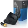 A black vertical mouse and a battery are shown next to its packaging. Produktbild-Vorschau