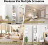 Collage of images showing a white bookcase in different room settings: a study, a children's room, a living room, and a bedroom. Produktbild-Vorschau