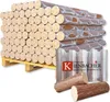 A pallet stacked with bundles of wood briquettes, with a close-up of two briquettes in the foreground and a logo overlay. Produktbild-Vorschau