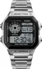 A silver and black digital watch with a metal band is shown against a white background. Podgląd zdjęcia produktu