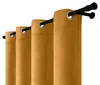 A close-up view of several mustard yellow curtains hanging on a black curtain rod. Náhled obrázku produktu